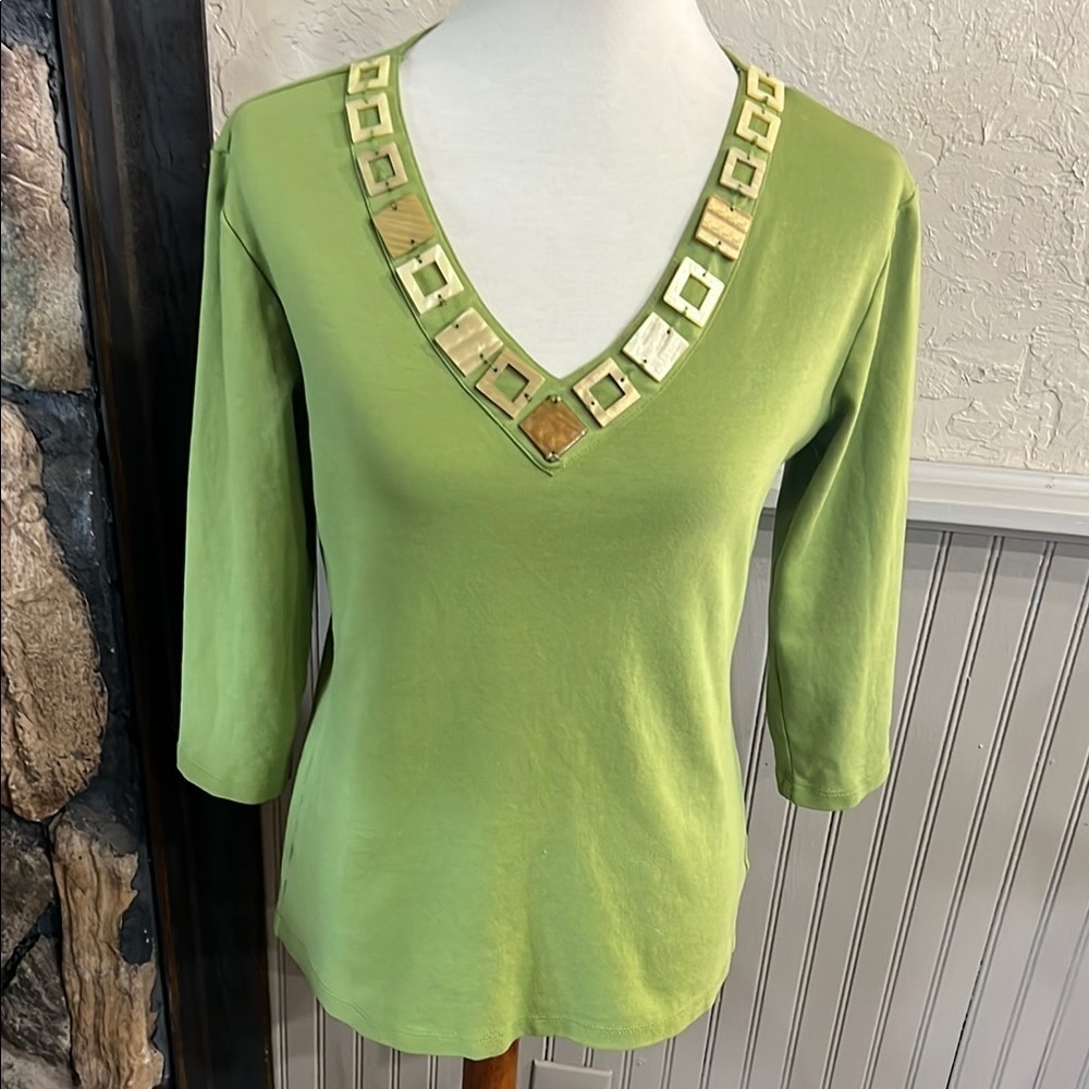 JM Collection Embellished Green Blouse with 3/4 Sleeves
